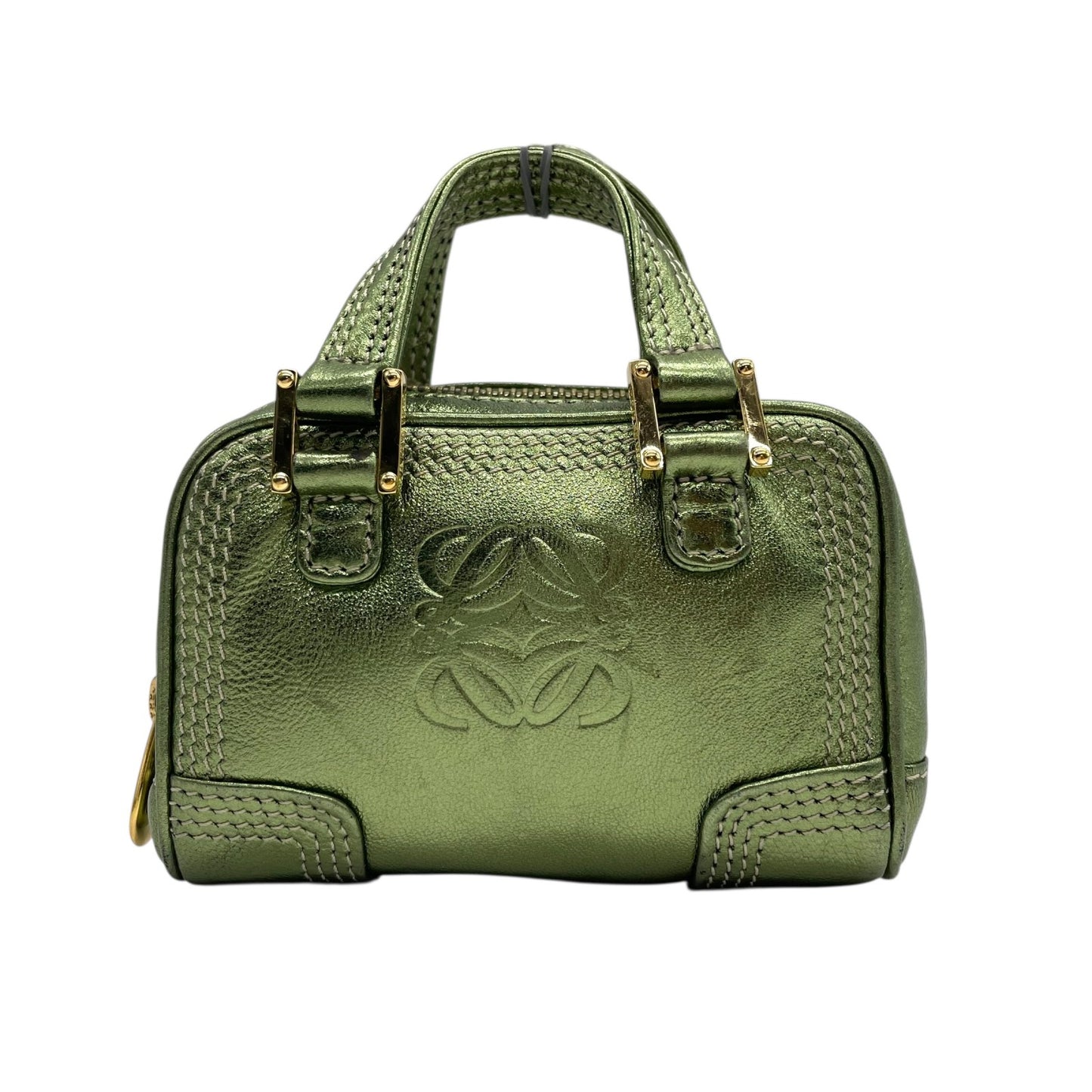 Authentic LOEWE Amazona Micro Mini Shoulder Bag Metallic Green Leather Anagram Logo Crossbody Gold Hardware Vintage Women's