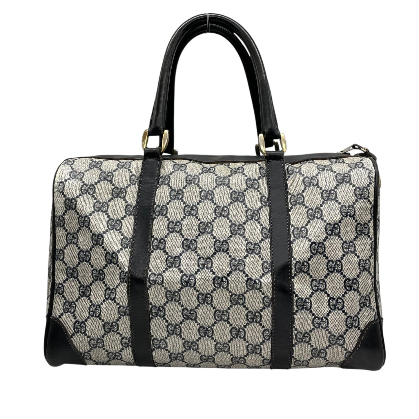 Authentic GUCCI GG Supreme Boston Bag Gray Navy PVC Leather Gold Hardware Vintage Women's Handbag GG Pattern