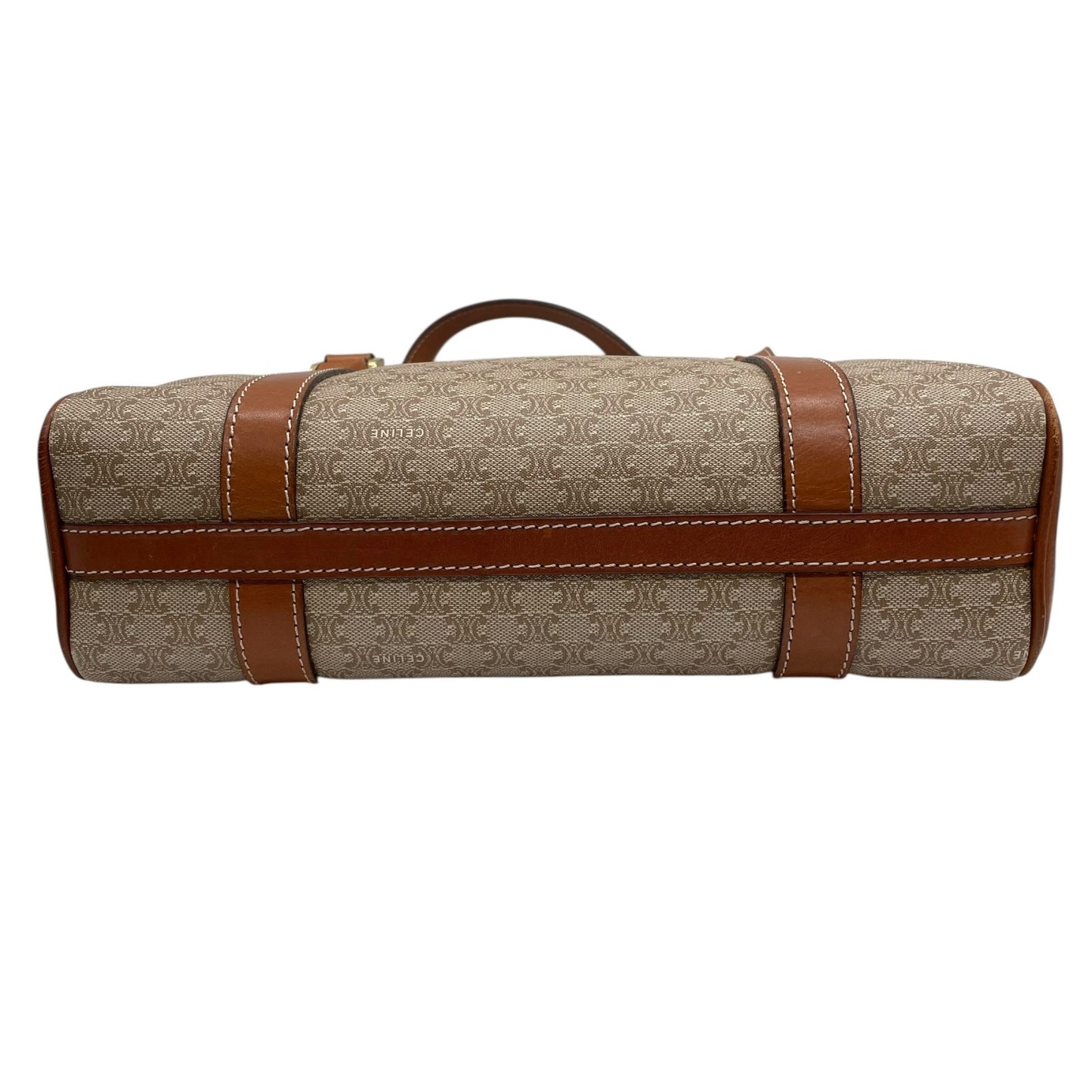 Authentic CELINE Macadam Handbag PVC Leather Vintage Beige Brown M06 Old Celine Gold Hardware Ladies