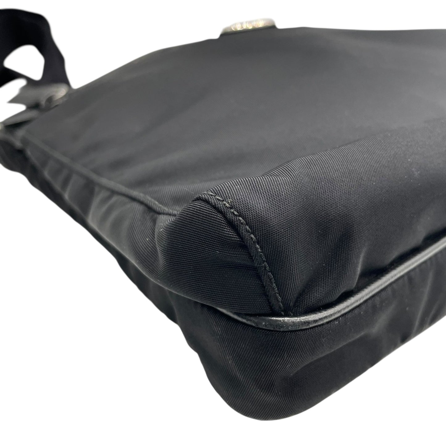 Authentic PRADA Black Shoulder Bag Triangular Logo Plate Nylon Leather Silver Hardware Adjustable Strap Men's Women's