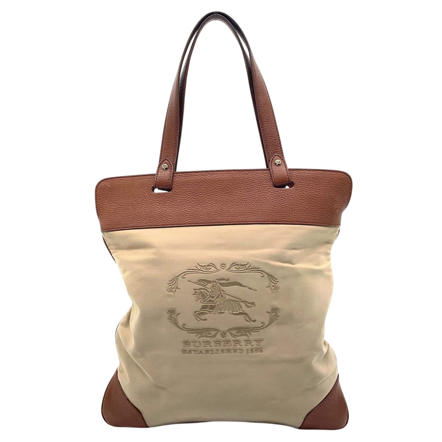 美品 BURBERRY バーバリー トートバッグ キャンバス レザー ベージュ 茶 ブラウン 刺繡ロゴ ゴールド金具 肩掛け可 内側ノバチェック レディース U13
