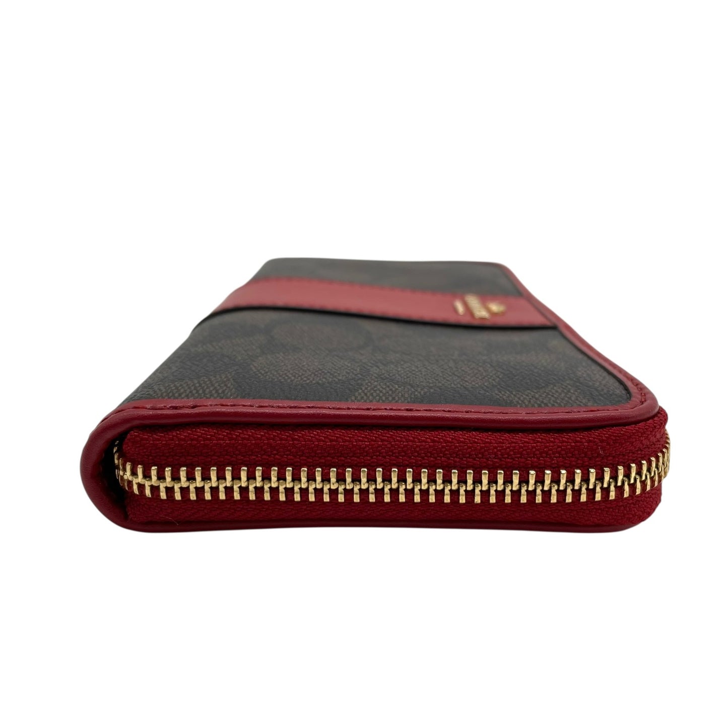 極美品 COACH コーチ シグネチャー 長財布 ラウンドファスナー 茶 ダークブラウン 赤 レッド 54630 IML72 ゴールド金具 PVC レザー ロゴ レディース W1