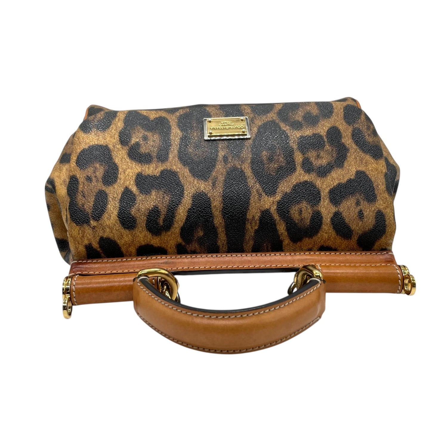 美品 DOLCE&GABBANA ドルチェ＆ガッパーナ シシリー 2WAY ハンドバッグ ショルダーバッグ ドルガバ レオパード ヒョウ柄 レザー PVC ブラウン 茶 ブラック 黒 レディース D&G ロゴプレート フラップ ゴールド金具 斜め掛け可 K4