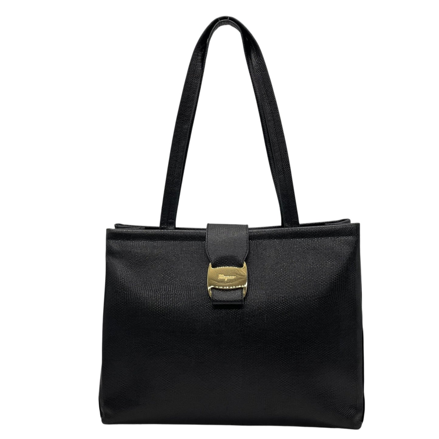 Salvatore Ferragamo フェラガモ ヴァラリボン トートバッグ ワンショルダー レザー トカゲ型押し 黒 ブラック ゴールド金具 肩掛け可 サルヴァトーレフェラガモ レディース E