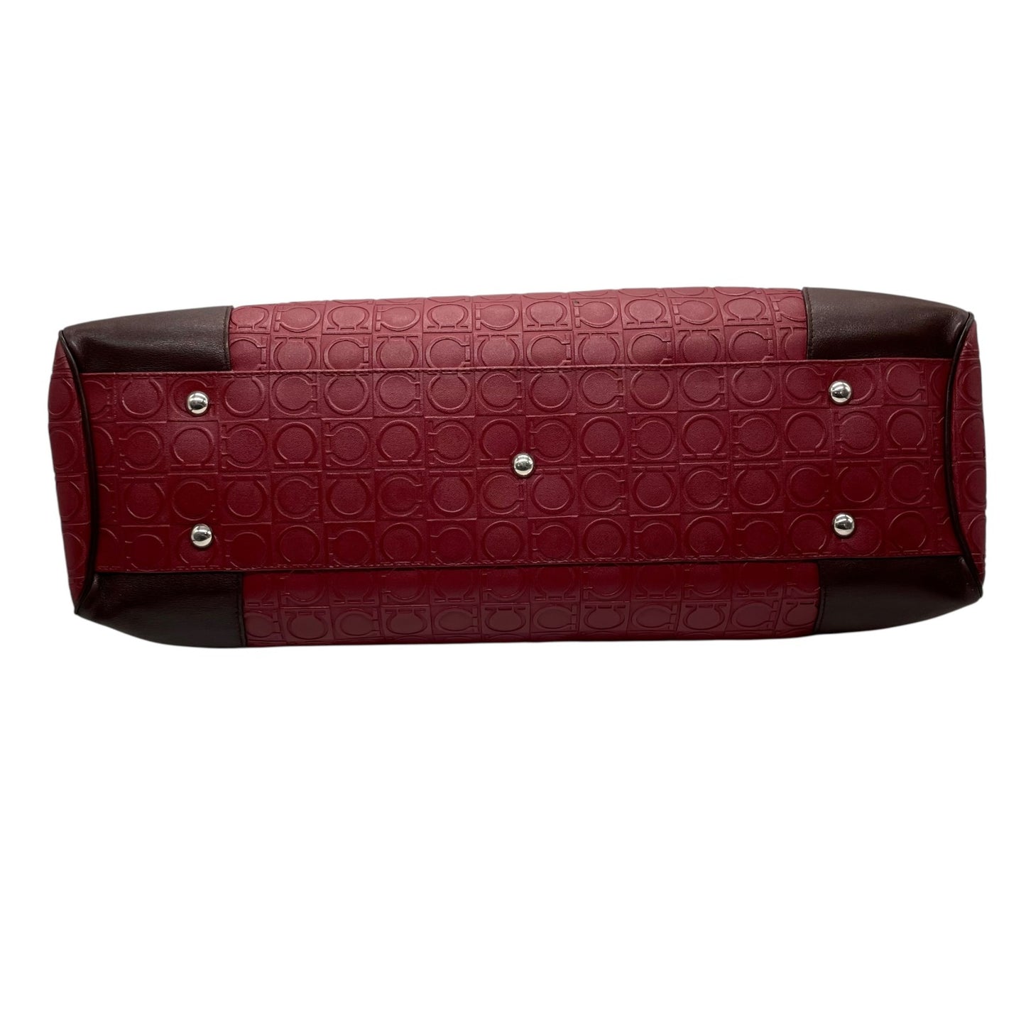 美品 フェラガモ Salvatore Ferragamo ガンチーニ ボルドー レザー ハンドバッグ トートバッグ 総柄 赤 レッド ブラウン シルバー金具 レディース D