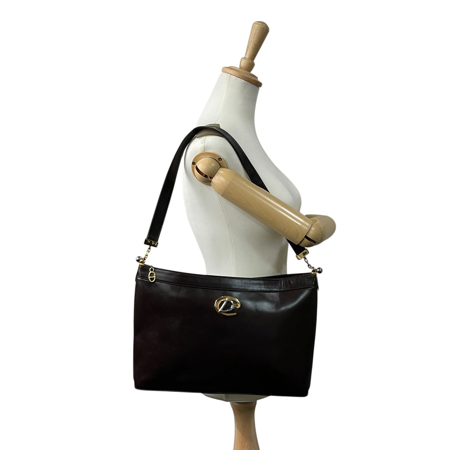 美品 Christian Dior クリスチャンディオール ショルダーバッグ ヴィンテージ ワンショルダー ハンドバッグ ダークブラウン レザー ゴールド金具 CDロゴ レディース U3