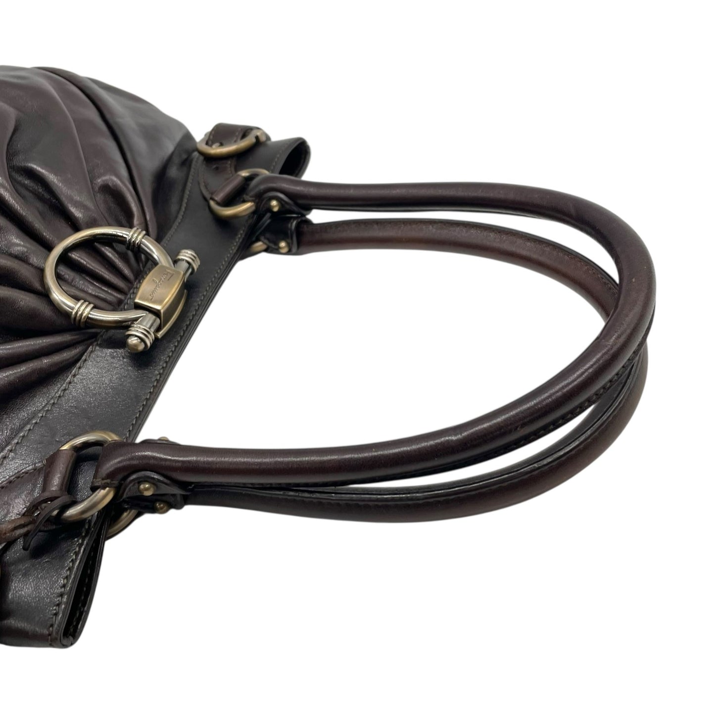 美品 Salvatore Ferragamo フェラガモ ガンチーニ ハンドバッグ レザー 茶 ダークブラウン マリッサ シルバー金具 クロシェット レディース 手提げ K6