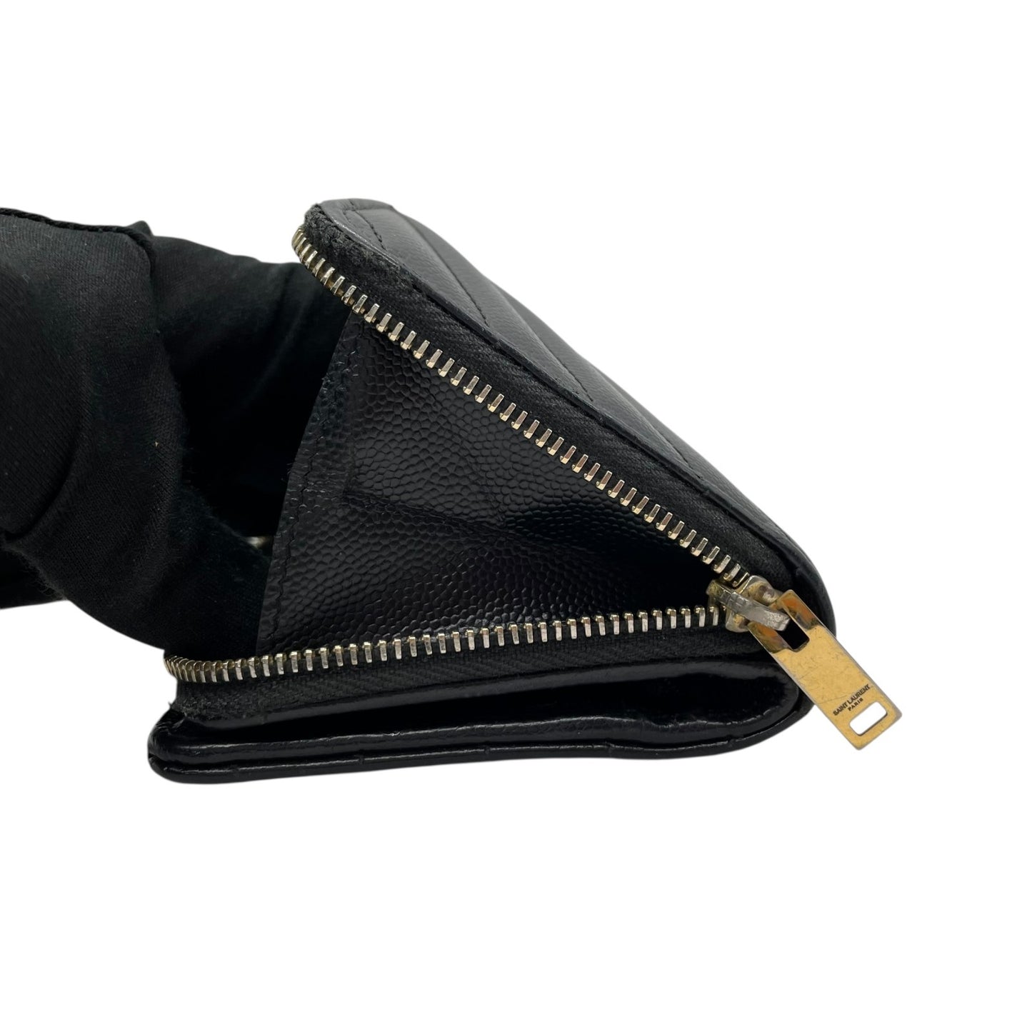 Authentic Saint Laurent Paris Compact Wallet Black YSL Large Logo Caviar Leather Gold Hardware Women