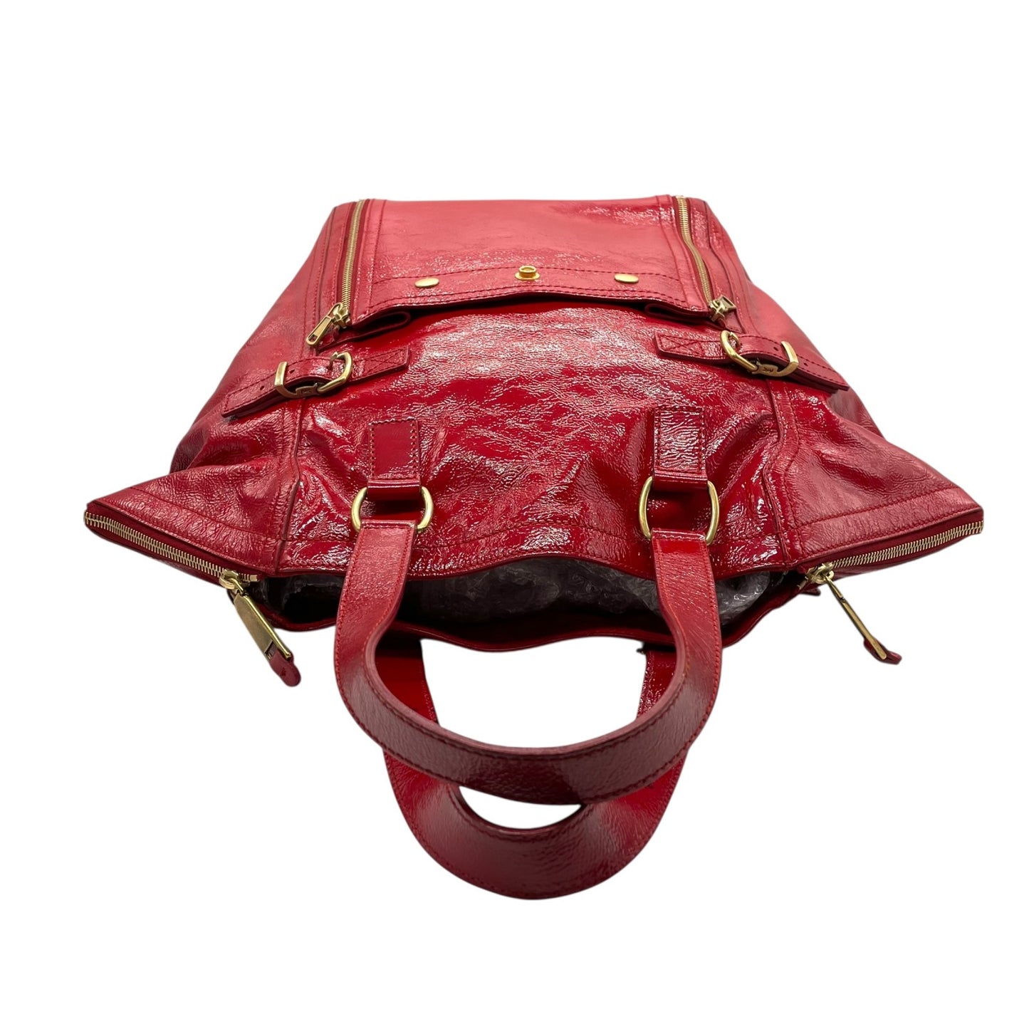 Authentic YVES SAINT LAURENT Downtown Patent Leather Red Enamel Vintage Tote Bag Large Capacity Women