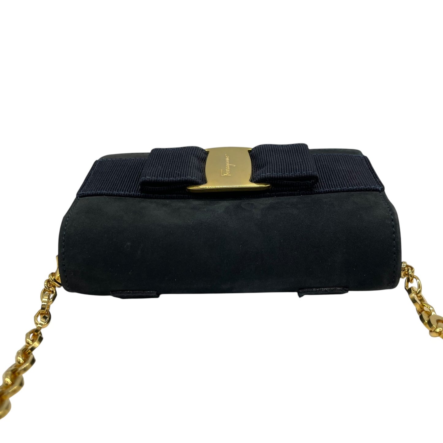 Salvatore Ferragamo フェラガモ ヴァラリボン チェーンショルダー ショルダーバッグ ミニバッグ ネイビー スエード ゴールド金具 レディース K10