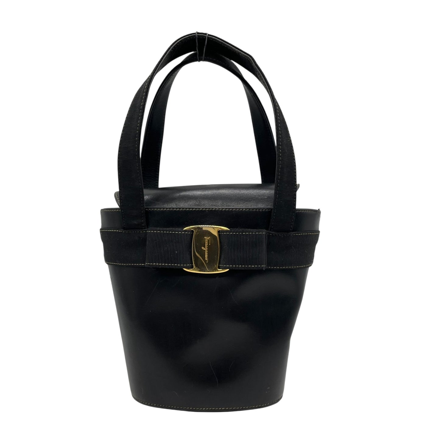 Salvatore Ferragamo サルヴァトーレ フェラガモ BA216161 ハンドバッグ ヴァラリボン 黒 ブラック レザー ゴールド金具 バケツ型 ヴィンテージ レディース B4