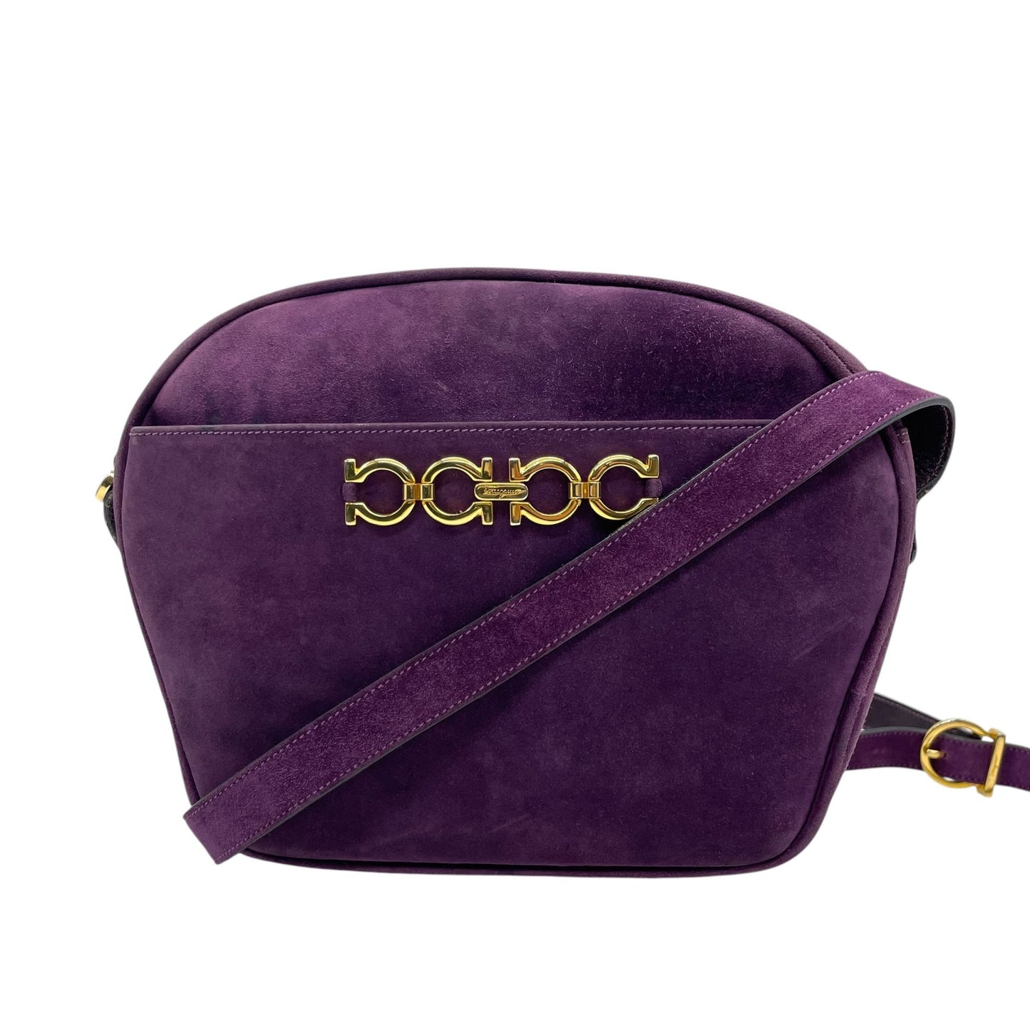 美品 Salvatore Ferragamo フェラガモ ガンチーニ ダブルガンチーニ ショルダーバッグ 紫 パープル スエード ゴールド金具 斜め掛け可 ポシェット ヴィンテージ レディース D7
