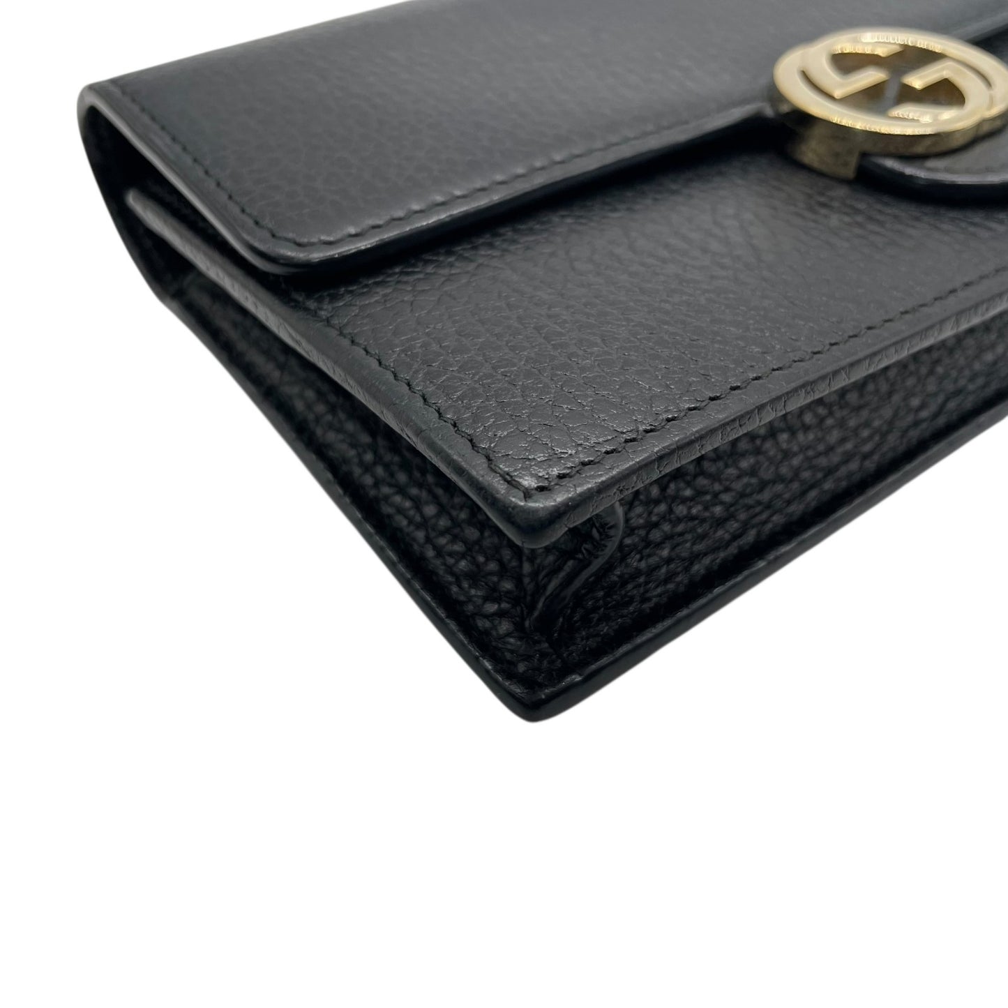 美品 GUCCI グッチ インターロッキングG ウォレットバッグ 510314 チェーンショルダー 長財布 ショルダーバッグ 黒 ブラック レザー ゴールド金具 GG 斜め掛け 箱付き レディース W1