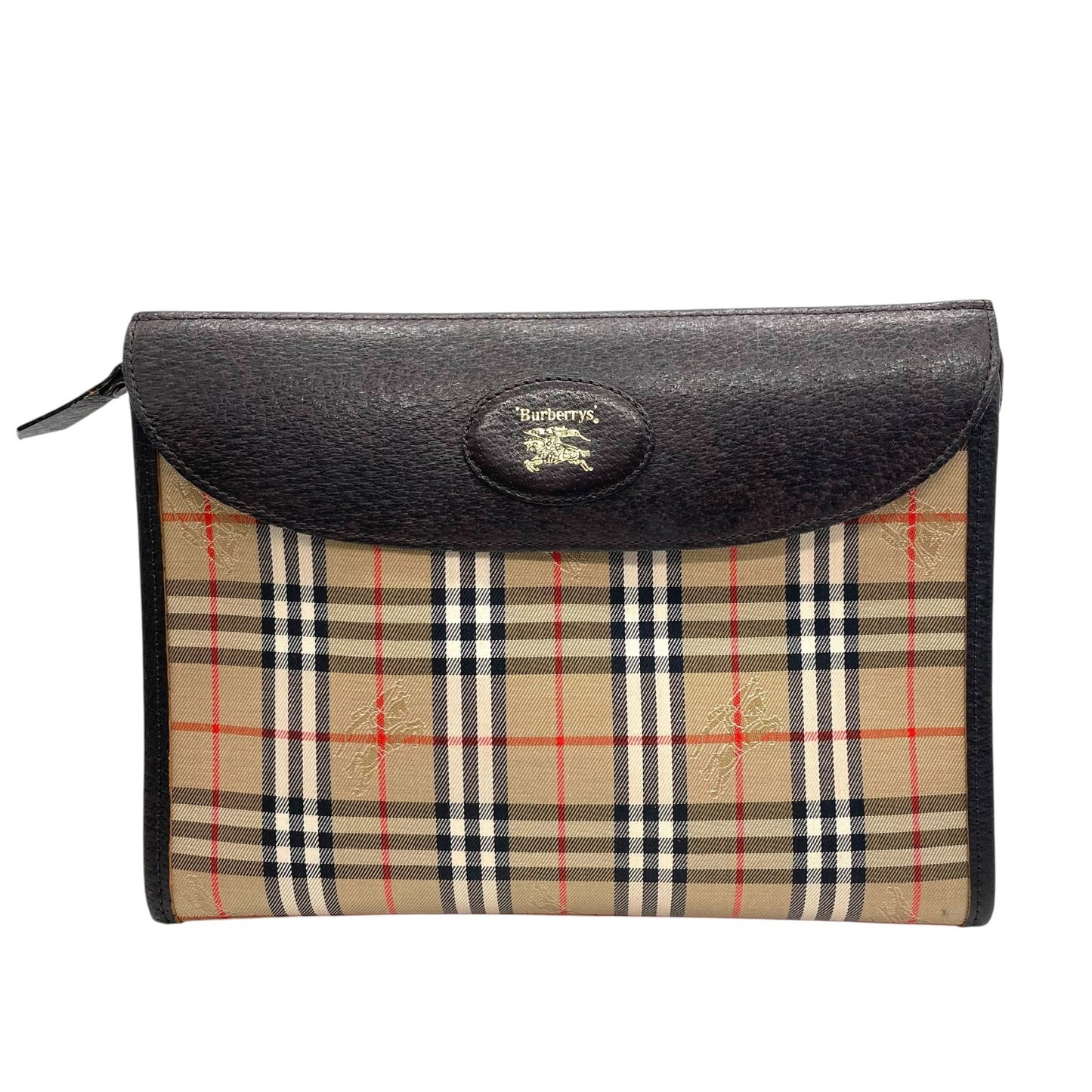 極美品 Burberry バーバリー クラッチバッグ ノバチェック シャドーホース ブラウン キャンバス×レザー ヴィンテージ 箱付き ホースロゴ セカンドバッグ ユニセックス メンズ レディース A1