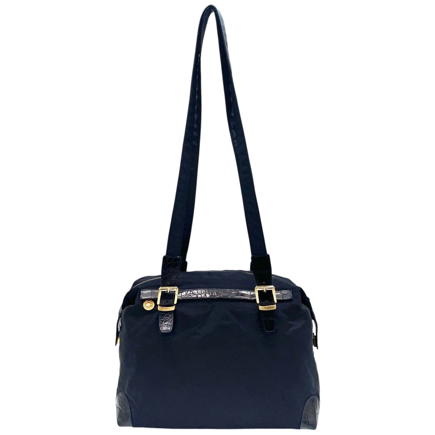 美品 GIANNNI VERSACE ジャンニヴェルサーチェ ショルダーバッグ ボストンバッグ メデューサ ブラック 黒 ナイロン×エンボスレザー ゴールド金具 ユニセックス A4