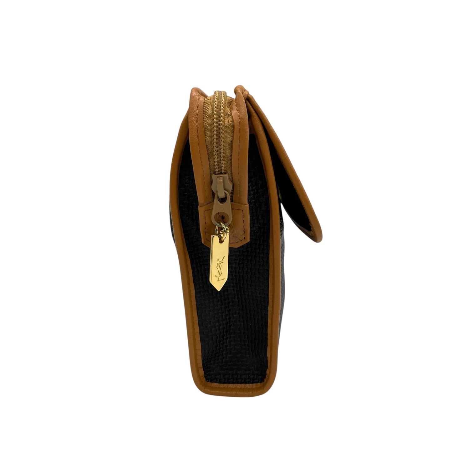 美品 Yves Saint Laurent イヴ サンローラン クラッチバッグ YSLロゴ 紺 ネイビー キャメル ブラウン PVC レザー ゴールド金具 ファスナー開閉 フラップ メンズ レディース ヴィンテージ B3