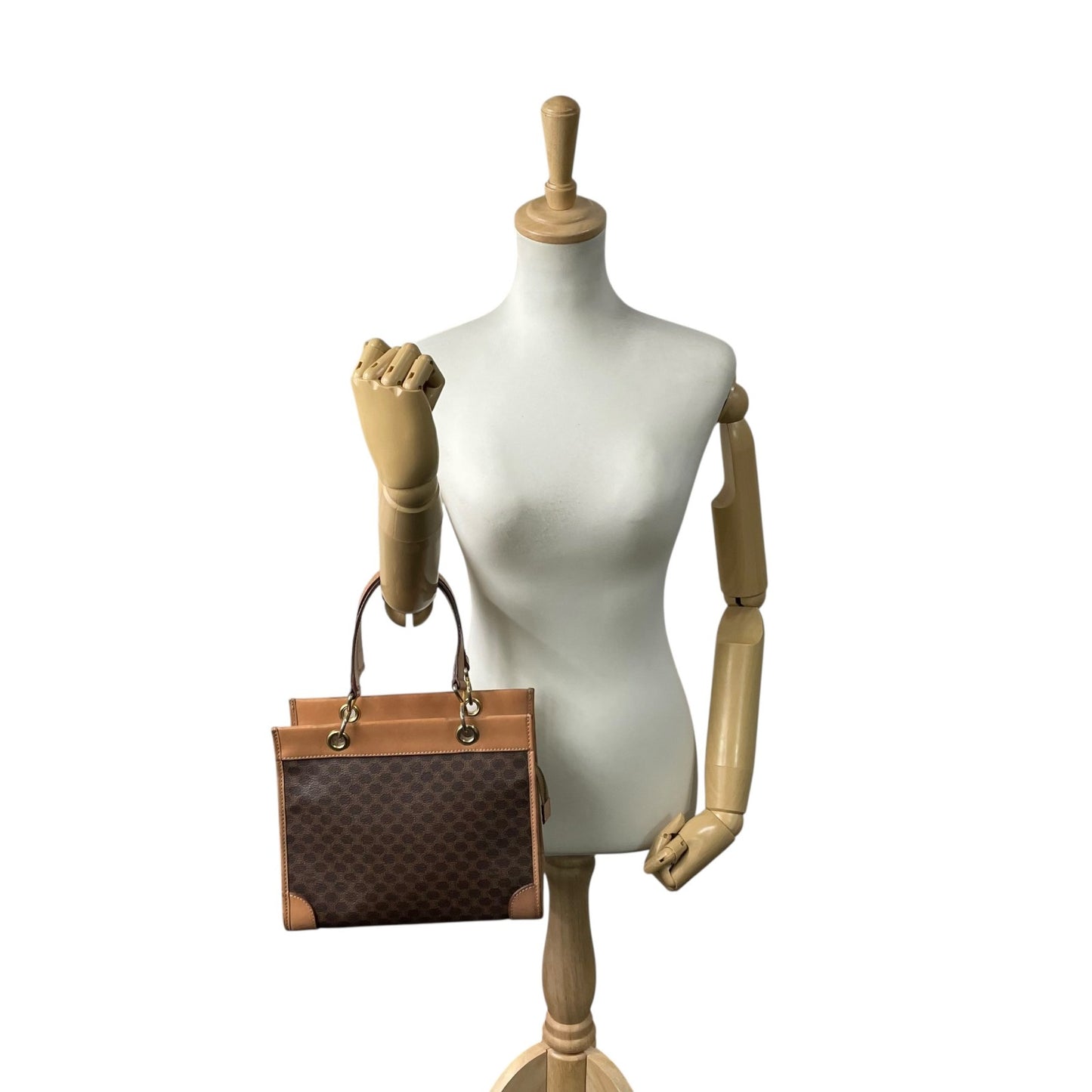 CELINE セリーヌ マカダム柄 ハンドバッグ ミニトート 茶 ブラウン PVC レザー ゴールド金具 手提げ ヴィンテージ オールドセリーヌ レディース E