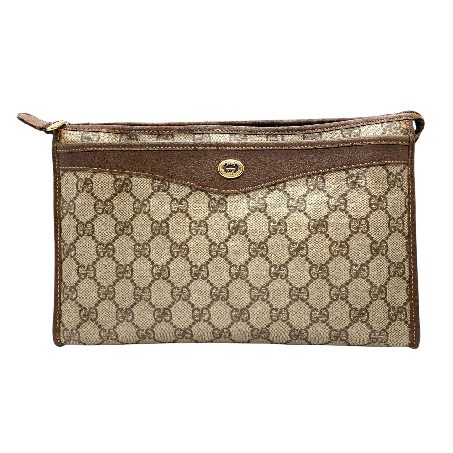 GUCCI グッチ GGスプリーム クラッチバッグ セカンドバッグ 茶 ブラウン グレー PVC レザー ゴールド金具 オールドグッチ ヴィンテージ メンズ レディース C4