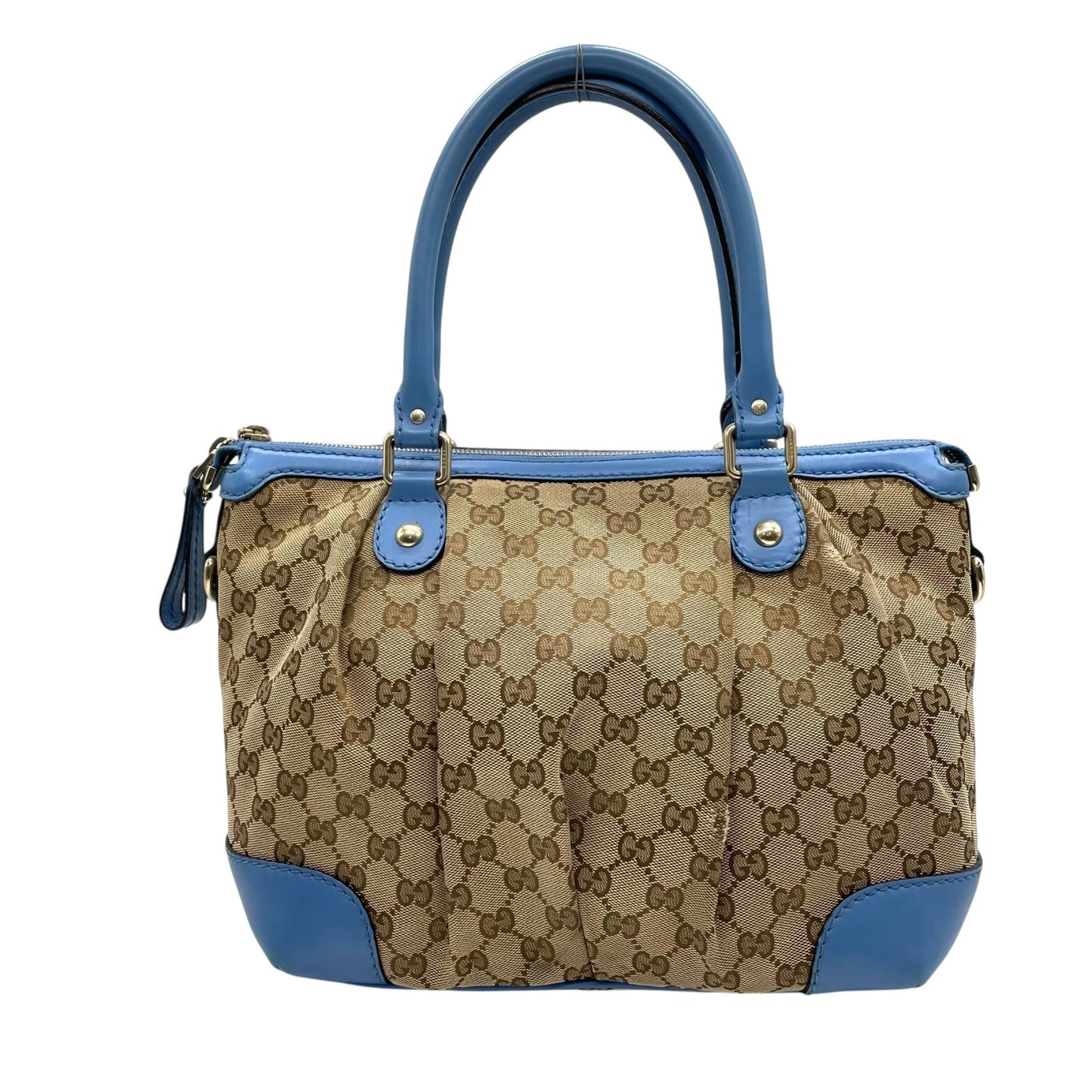 美品 GUCCI グッチ スーキー ハンドバッグ 2way ショルダーバッグ GG柄 キャンバス ジャカード レザー インターロッキング ブルー 青 チャーム付き 247902 K8