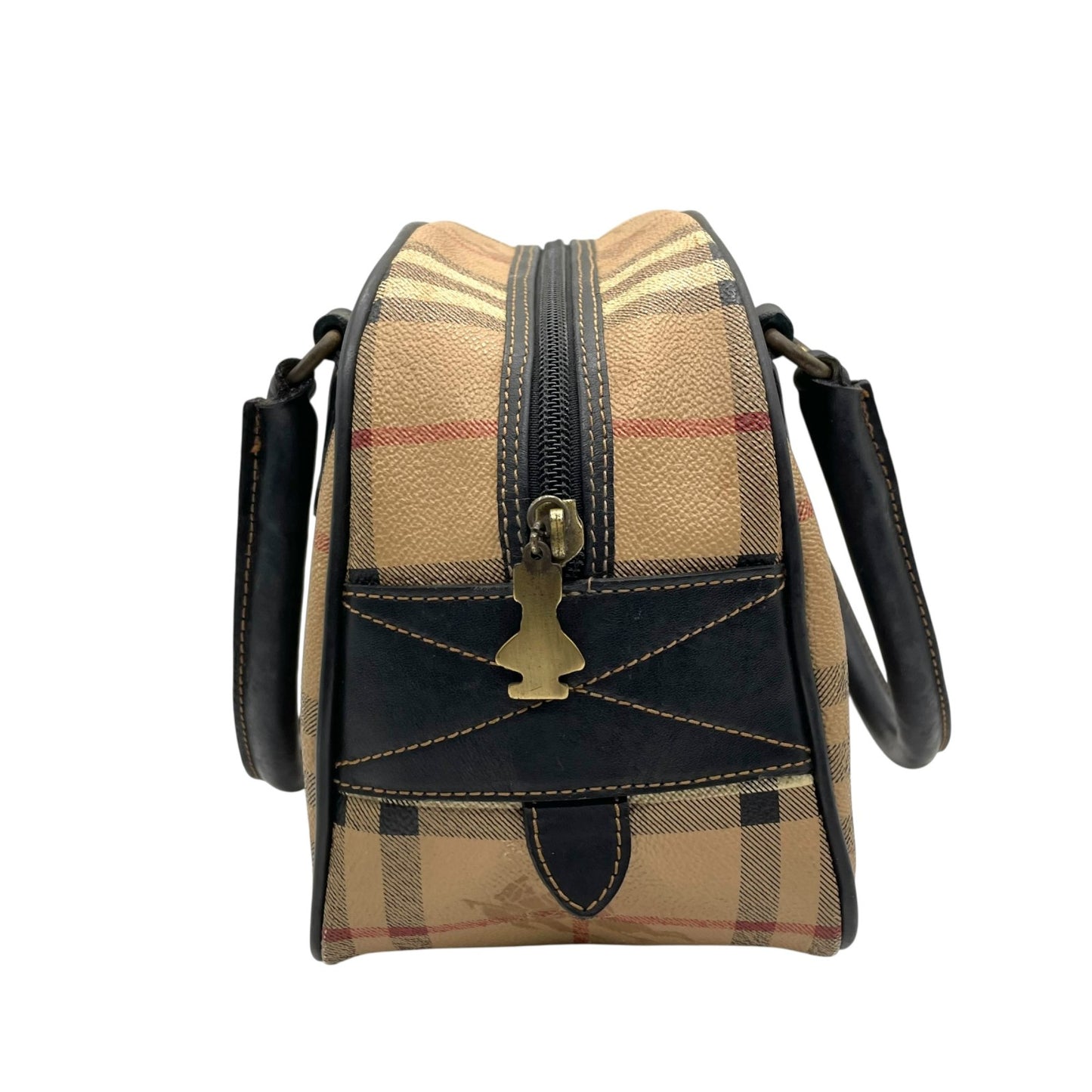 BURBERRY バーバリー ミニボストンバッグ ハンドバッグ ノバチェック シャドーホース シェルター ベージュ 黒 ブラック ゴールド金具 PVC レザー ファスナー開閉 手提げ ヴィンテージ レディース K6