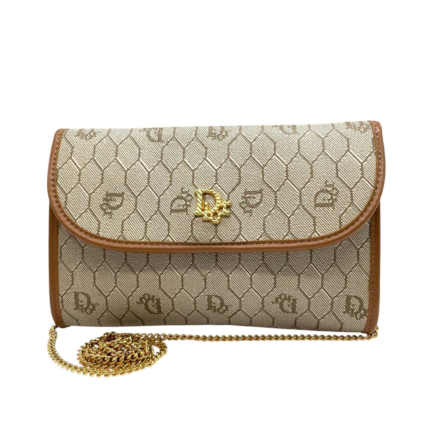 クリスチャン ディオール Christian Dior CDロゴ チェーンショルダーバッグ ベージュ 茶色 ブラウン ハニカム柄 キャンバス レザー ゴールド 金金具 ヴィンテージ K11