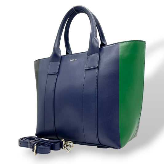 美品 ポールスミス Paul Smith レザー トートバッグ ショルダー 2WAY 紺 ブルー ネイビー 緑 グリーン バイカラー ビジネスバッグ C13