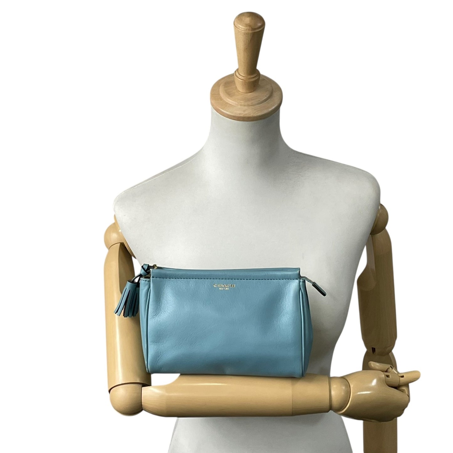 美品 コーチ COACH ポーチ レザー スカイブルー タッセル付き ロゴ 上品 コンパクト 本革 S52