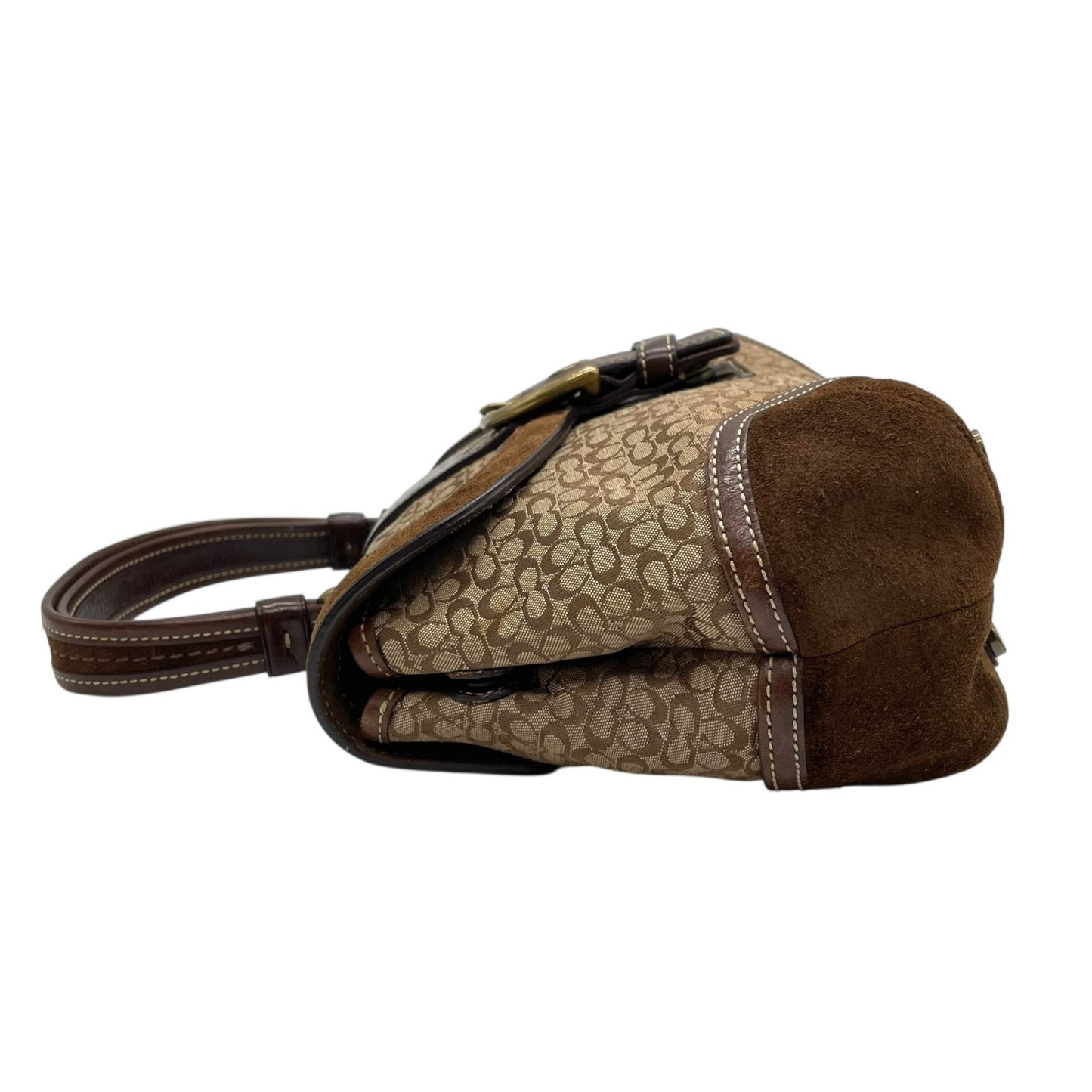 コーチ COACH シグネチャー スエード レザー ハンドバッグ 7078 茶色 ブラウン ゴールド金具 金金具 チャーム付き E10