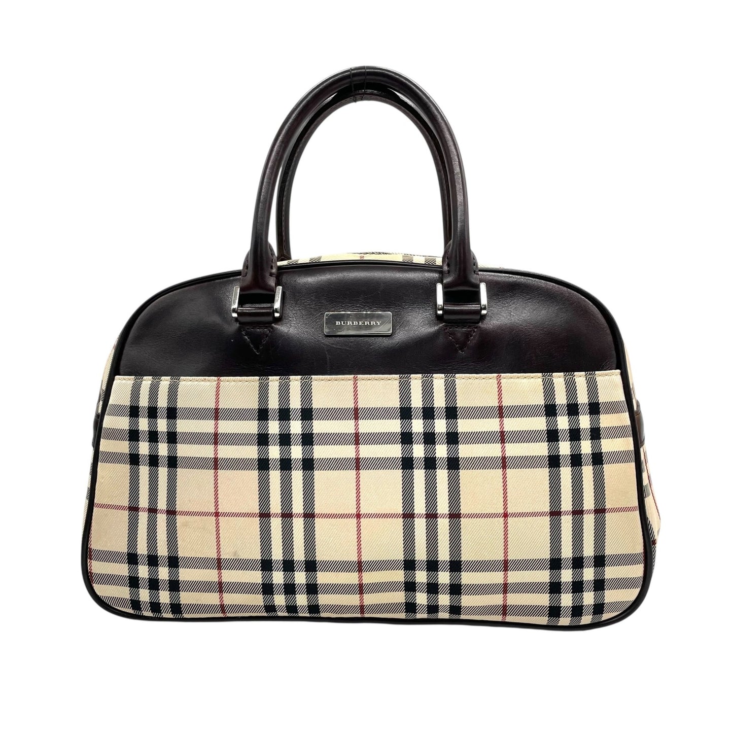 美品 バーバリー BURBERRY ハウスチェック ノバチェック ボストンバッグ レザー キャンバス 茶色 ブラウン×ベージュ ロゴプレート C7