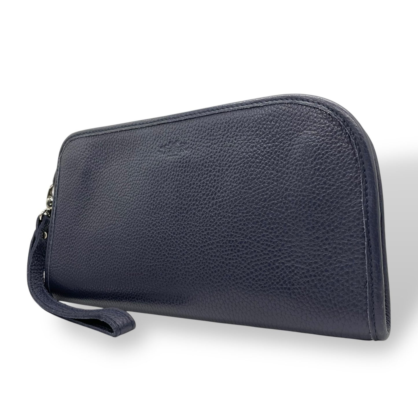 美品 トラモンターノ TRAMONTANO クラッチバッグ セカンドバッグ 紺 ネイビー レザー シボ革 シルバー金具 ストラップ付 メンズ S21