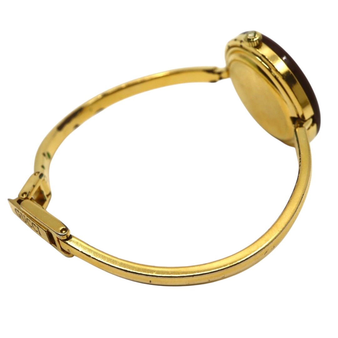 【美品/電池交換済】グッチ GUCCI チェンジベゼル 11/12.2 腕時計 レディースウォッチ クオーツ バングルウォッチ ゴールド ホワイト文字盤 ヴィンテージ アンティーク クラシック エレガント 人気モデル ブラウンベゼル クリーニング済み G3