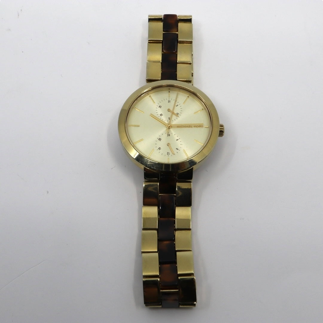 美品 電池交換済 クリーニング済 マイケルコース MICHAEL KORS 腕時計 MK-6471 レディースウォッチ クォーツ ゴールド べっ甲柄 ステンレススチール アナログ マルチファンクション エレガント クラシック ドレスウォッチ 稼働品 G3