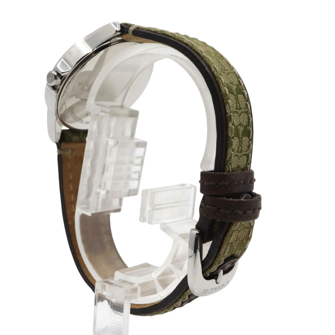 【電池交換済／クリーニング済】コーチ COACH 腕時計 8.180.158 レディースウォッチ クォーツ シルバー文字盤 シグネチャー キャンバスベルト グリーン系 デイトカレンダー アナログ クラシック カジュアル 稼働品 G3