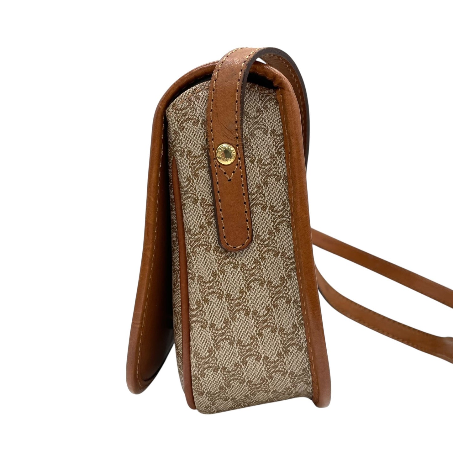 美品 CELINE オールドセリーヌ マカダム柄 トリオンフ ショルダーバッグ PVC レザー ベージュ ブラウン ゴールド金具 斜め掛け可 フラップ開閉 ヴィンテージ レディース K11