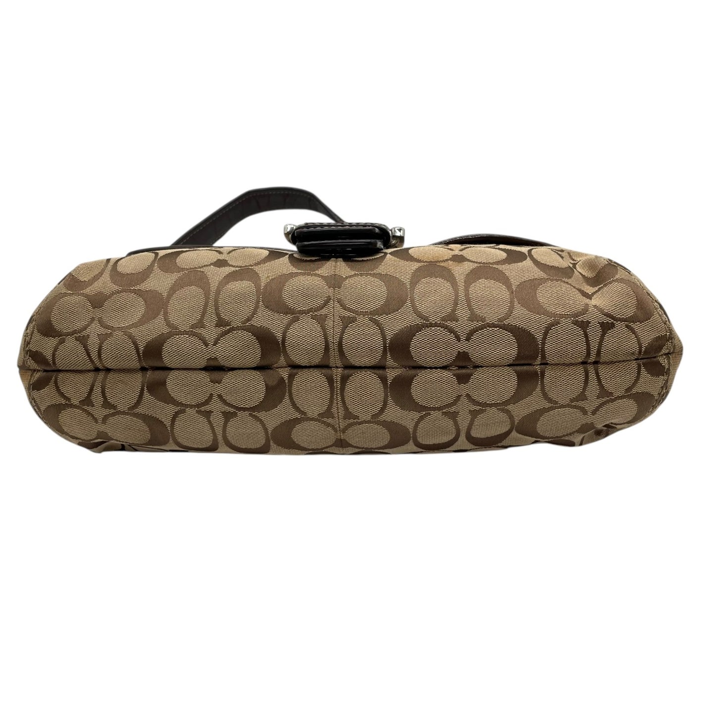 COACH コーチ ソーホー シグネチャー ワンショルダーバッグ 茶 ブラウン ベージュ キャンバス パテントレザー シルバー金具 フラップ ベルト ホーボー 肩掛け可 レディース S6