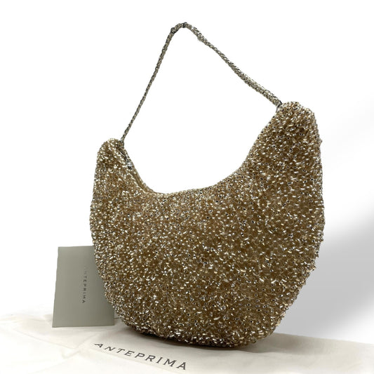 美品 アンテプリマ ANTEPRIMA ワイヤーバッグ ハンドバッグ チェーンストラップ ゴールド ベージュ 半月型 ハーフムーン 手提げ レディース E6