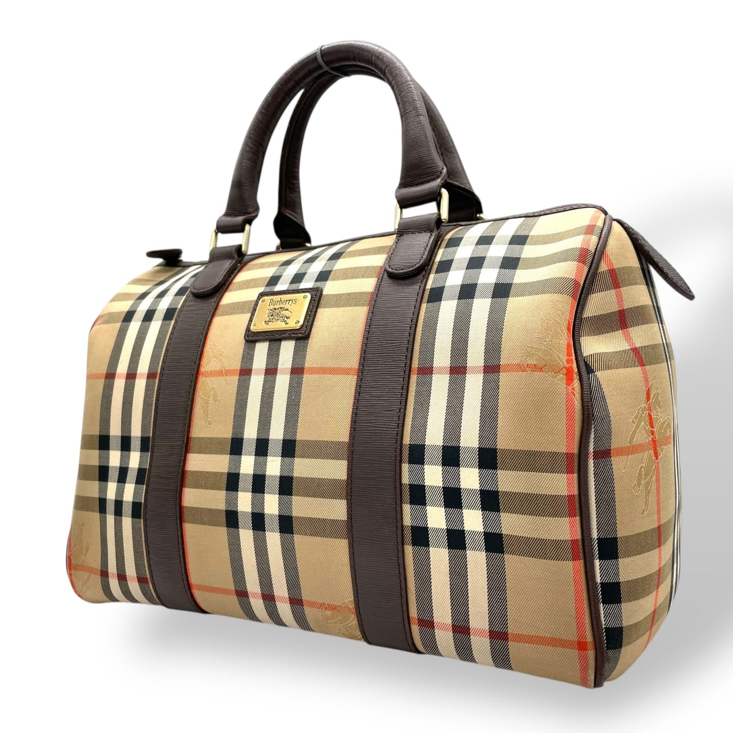 バーバリー Burberrys ボストンバッグ ハンドバッグ シャドーホース ノバチェック ベージュ 茶色 ブラウン キャンバス レザー E