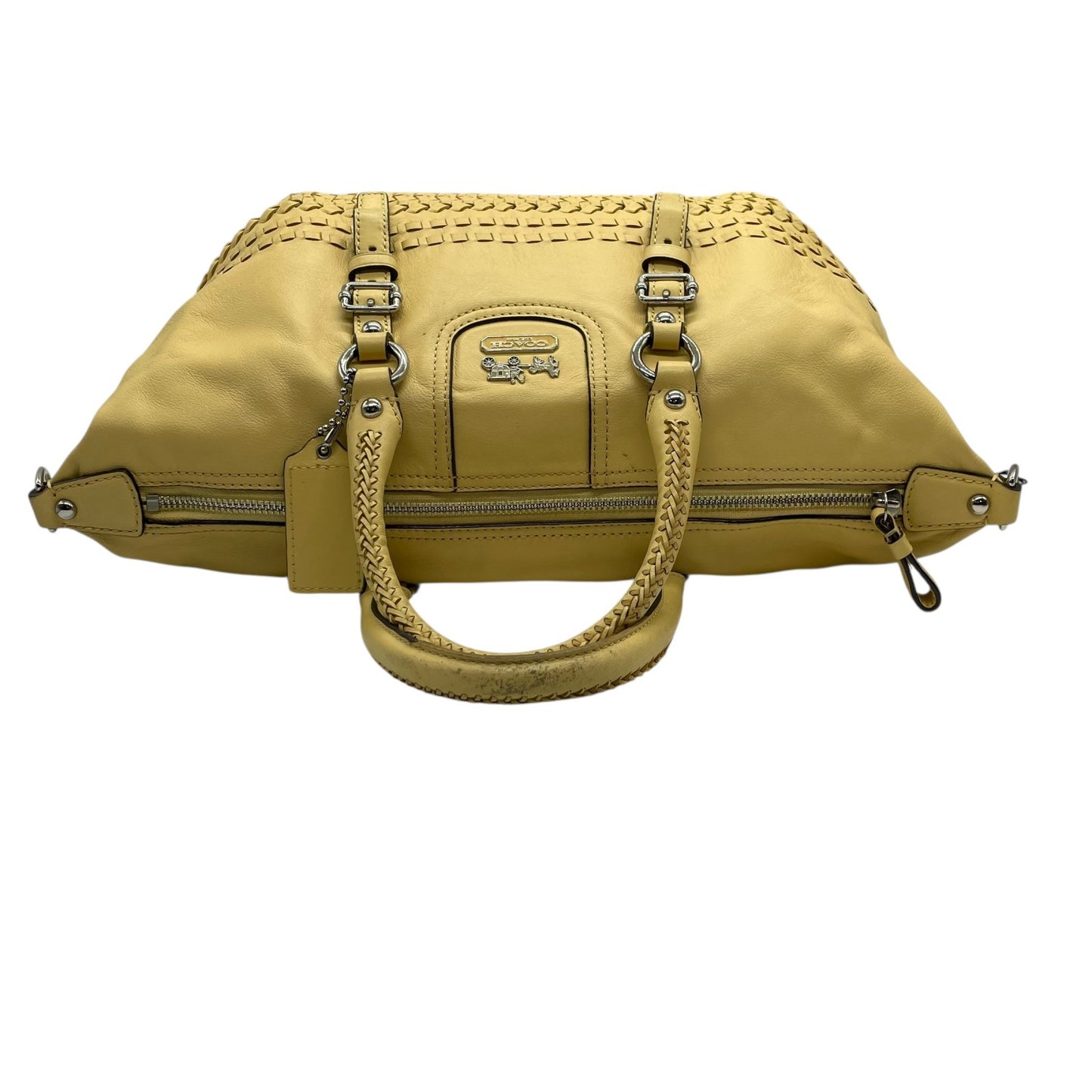 コーチ COACH 2WAY ボストンバッグ ハンドバッグ ショルダーバッグ 肩掛け 23342 イントレチャート 編み込みレザー 黄色 イエロー シルバー金具 チャーム付き U16