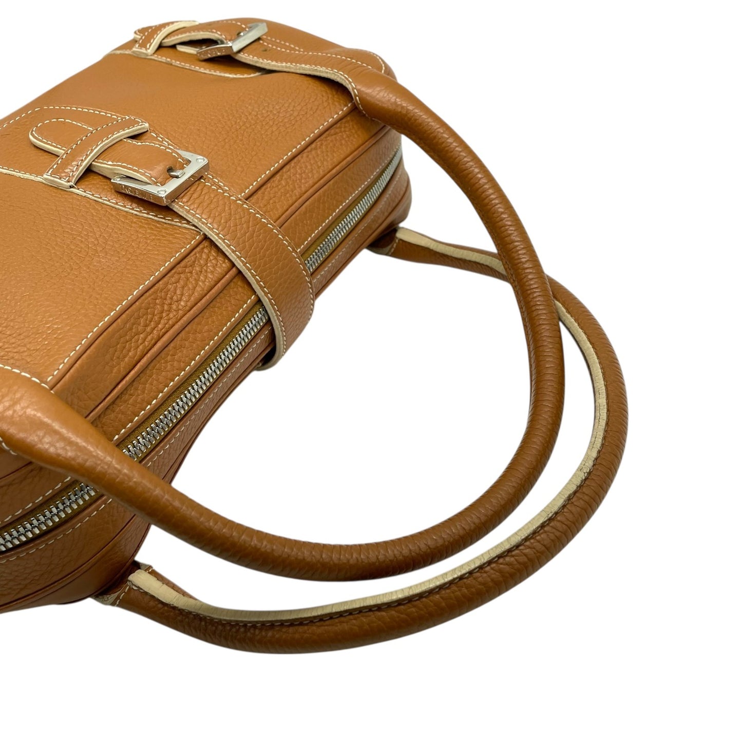 美品 ロエベ LOEWE センダ ハンドバッグ キャメルブラウン 茶 レザー シルバー金具 ファスナー開閉 ロゴ型押し レディース A