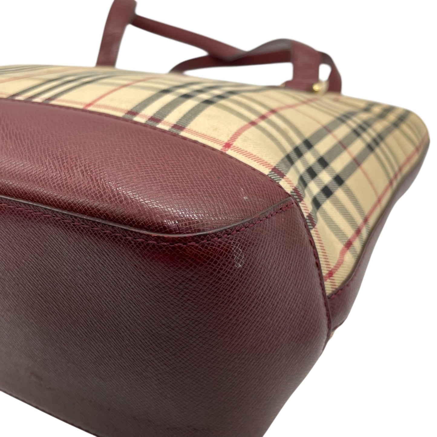 バーバリー BURBERRY ノバチェック ハンドバッグ トートバッグ ベージュ 赤 ボルドー チェック柄 キャンバス レザー ゴールド金具 ロゴ型押し ファスナー開閉 レディース D5