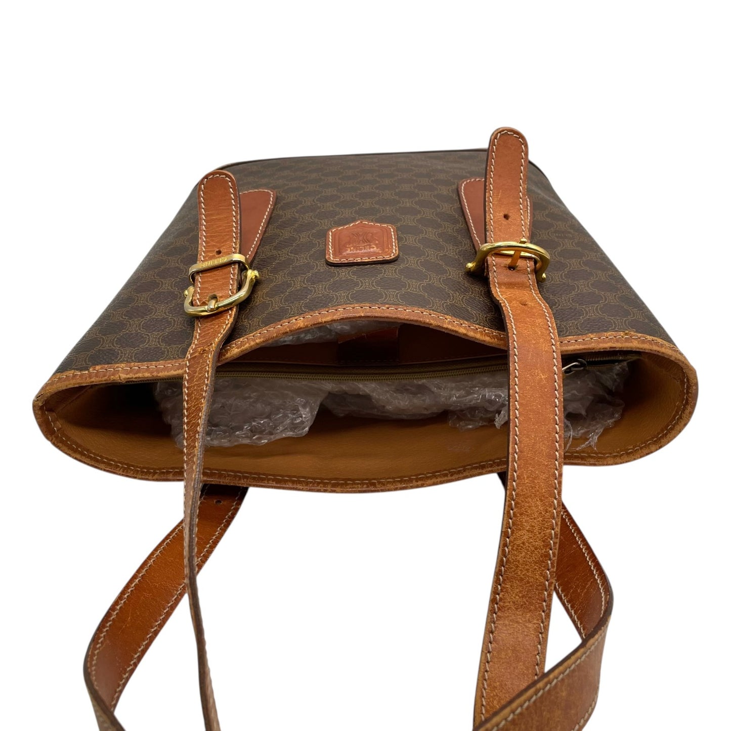 CELINE セリーヌ ヴィンテージ マカダム トートバッグ PVC レザー ブラウン トリオンフ 金具 90s イタリア製 ショルダー可 オールドセリーヌ K9