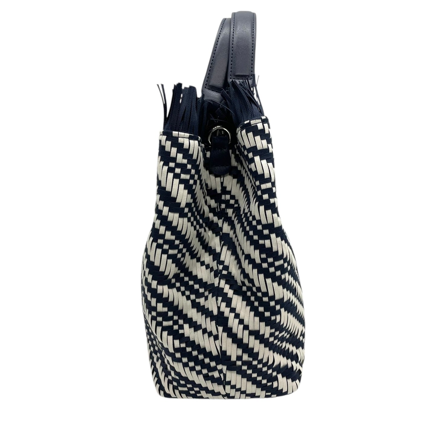 【未使用級】EMPORIO ARMANI エンポリオアルマーニ 2way ハンドバッグ ショルダーバッグ 編み込み キャンバス フリンジ ネイビー ホワイト D