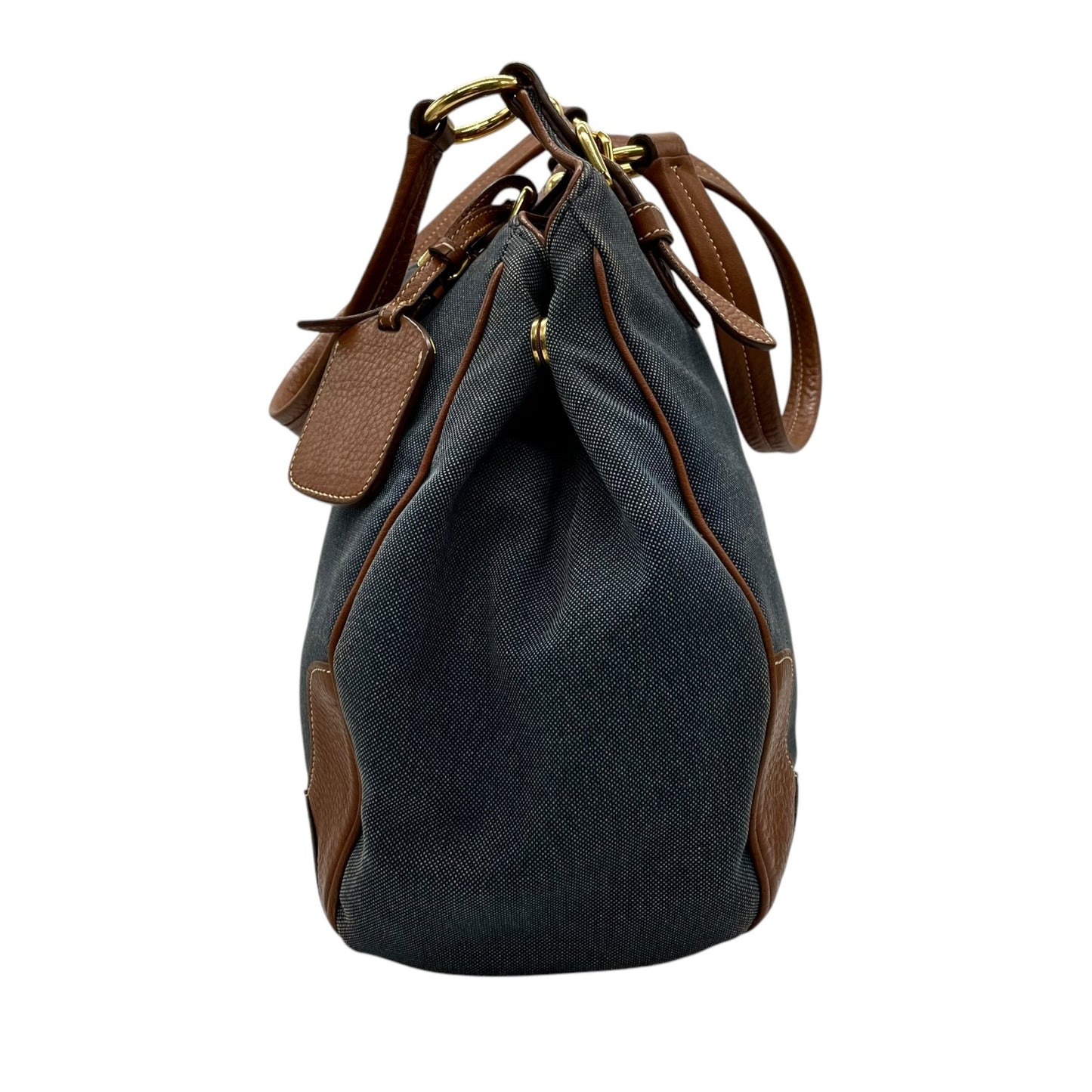美品 PRADA プラダ ロゴ ジャガード トートバッグ ショルダー デニム レザー ブルー ブラウン ゴールド金具 D5