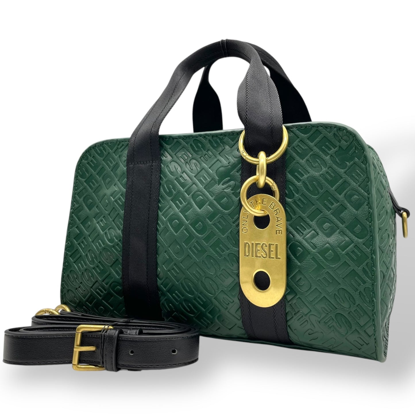 美品 DIESEL ディーゼル エンボス モノグラム ハンドバッグ 2WAY ショルダー ミニボストン 総柄 レザー 本革 グリーン 緑 2WAY ボストンバッグ ショルダーバッグ ゴールド金具 ユニセックス ファスナー開閉 Y2K label C