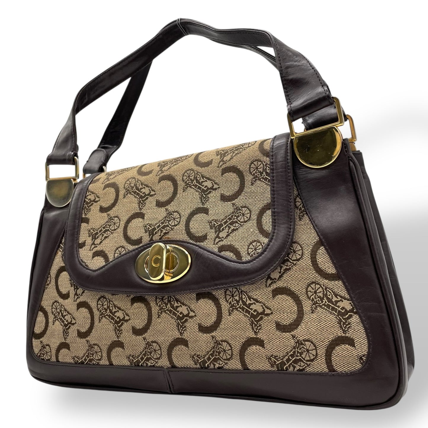 Authentic CELINE C Macadam Turnlock Handbag Canvas Leather Brown Gold Hardware Women