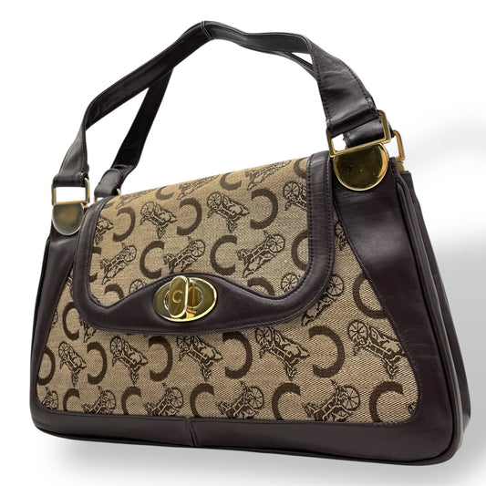 Authentic CELINE C Macadam Turnlock Handbag Canvas Leather Brown Gold Hardware Women