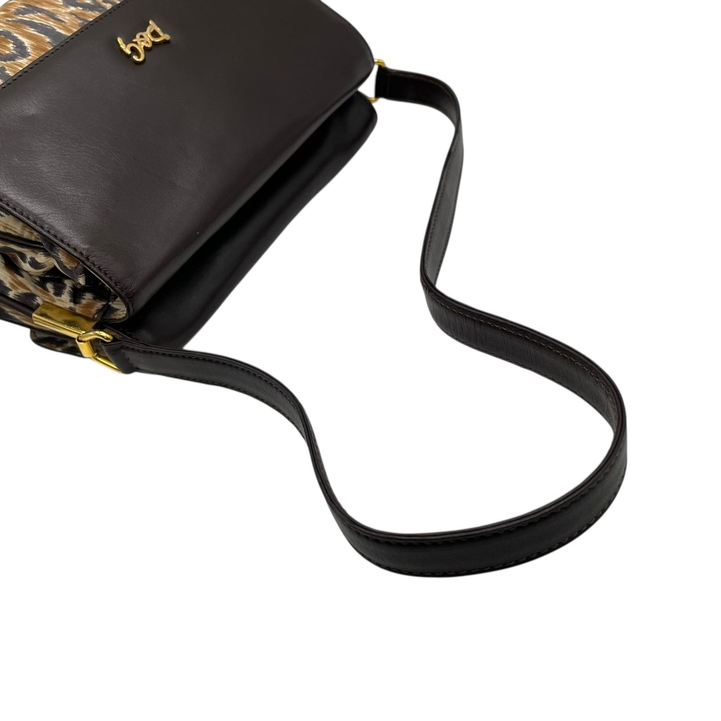 Authentic DOLCE&GABBANA Leopard Print Shoulder Bag Leather Canvas Brown Gold Hardware D&G Logo Flap Women's