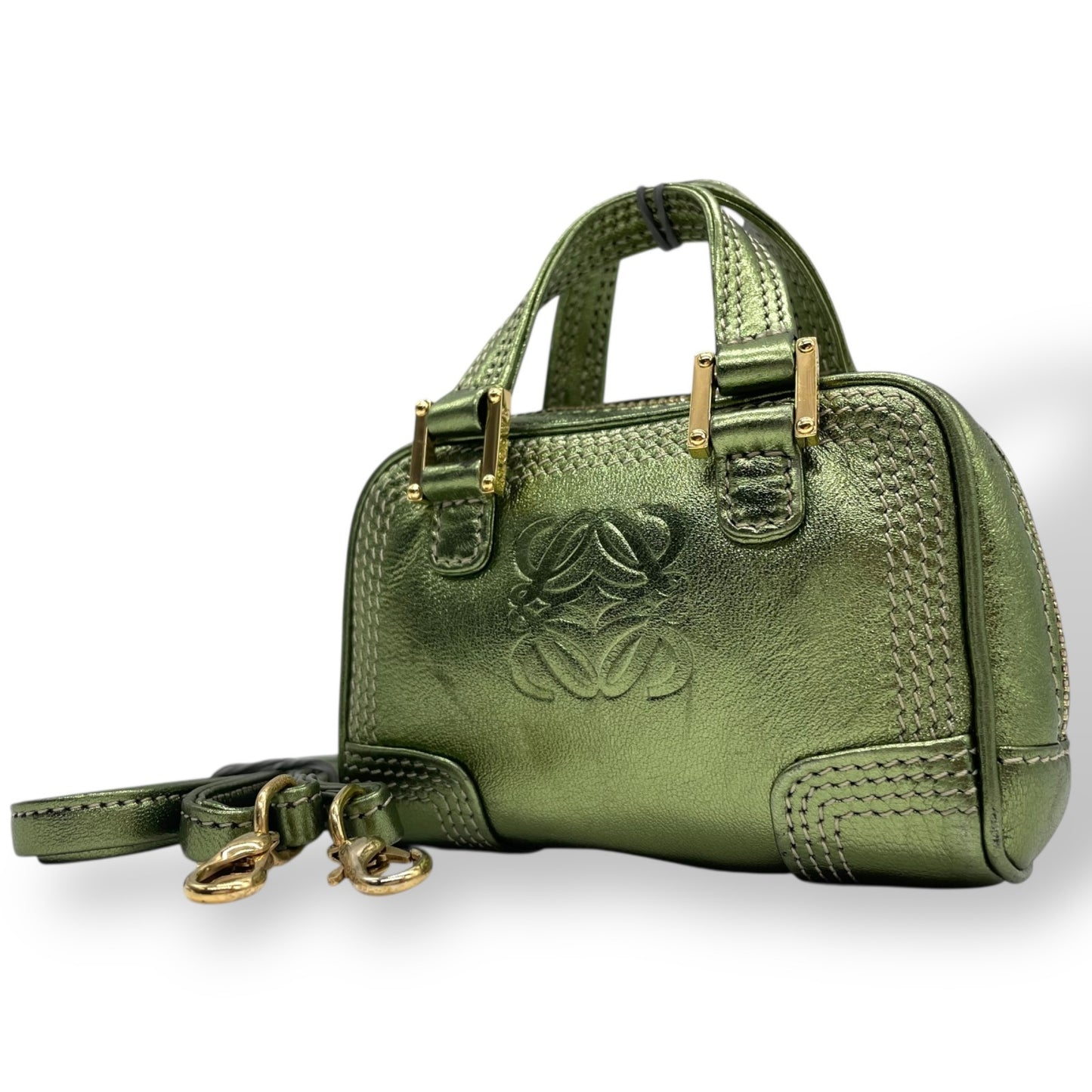Authentic LOEWE Amazona Micro Mini Shoulder Bag Metallic Green Leather Anagram Logo Crossbody Gold Hardware Vintage Women's