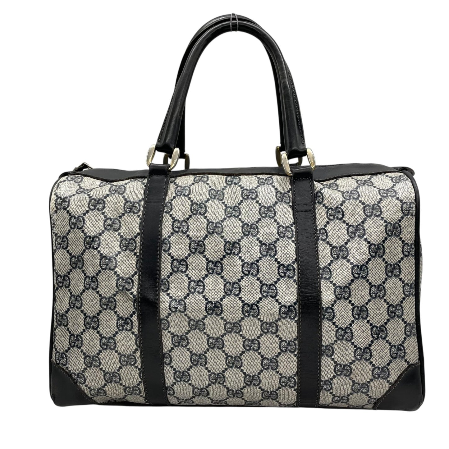 Authentic GUCCI GG Supreme Boston Bag Gray Navy PVC Leather Gold Hardware Vintage Women's Handbag GG Pattern