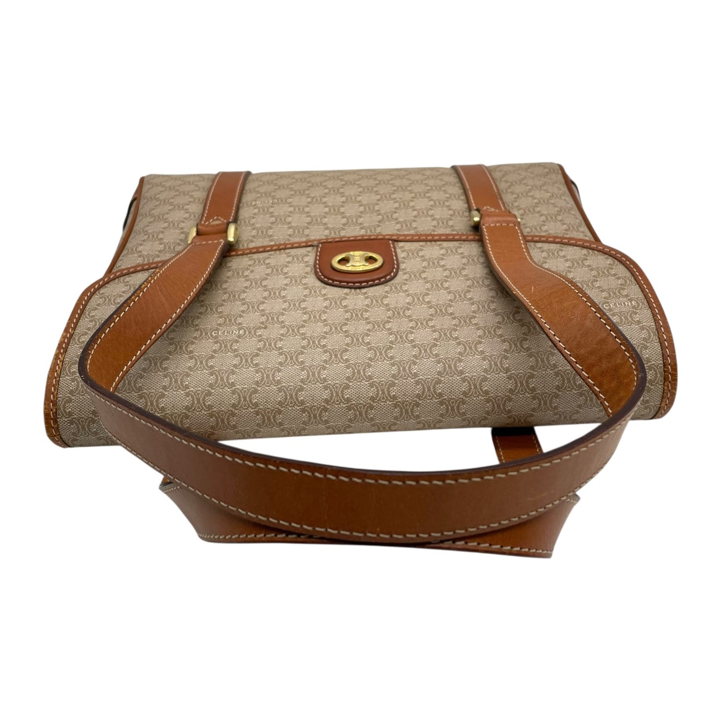 Authentic CELINE Macadam Handbag PVC Leather Vintage Beige Brown M06 Old Celine Gold Hardware Ladies